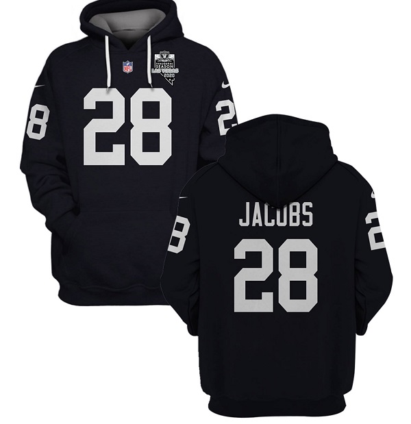 Men's Las Vegas Raiders #28 Josh Jacobs 2021 Inaugural Patch Black Pullover Hoodie